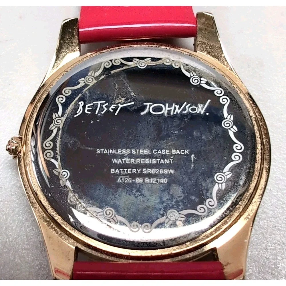 Betsey Johnson Watch Gold Case Pink Swirl Numbers Patent Strap Box BJ2140